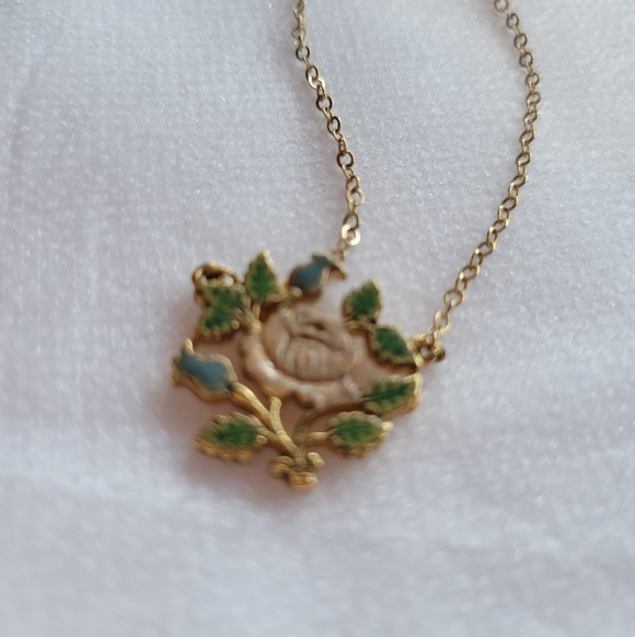 Vintage 1928 Gold Enamel Floral Pendant Necklace - Picture 6 of 11